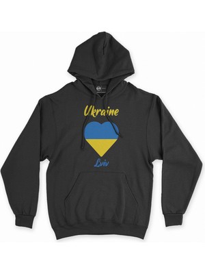 Cix Lviv Ukrayna Bayraklı Kalpli Siyah Sweatshirt Hoodie