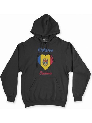 Cix Kişinev Moldova Bayraklı Kalpli Siyah Sweatshirt Hoodie