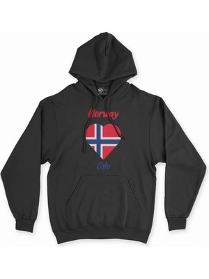 Cix Oslo Norveç Bayraklı Kalpli Siyah Sweatshirt Hoodie