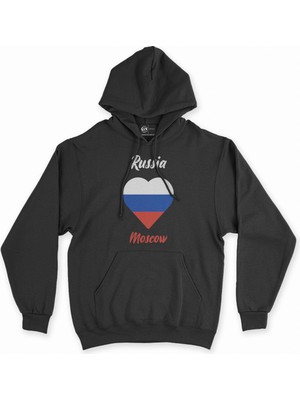Cix Moskova Rusya Bayraklı Kalpli Siyah Sweatshirt Hoodie