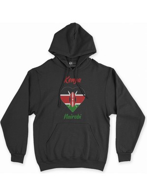 Cix Nairobi Kenya Bayraklı Kalpli Siyah Sweatshirt Hoodie