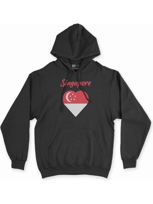Cix Singapur Bayraklı Kalpli Siyah Sweatshirt Hoodie