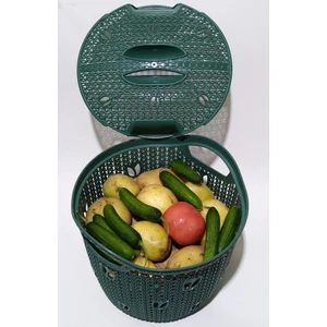 Örgü Desenli Koyu Yeşil Kapaklı 12 Litre Meyve Sebze Sepeti Patates Soğan Çok Amaçlı Hasır Örgü Kova