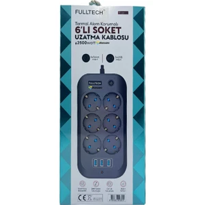 Termal Akım Korumalı, Çocuk Korumalı, 6'Lı 2 Mt Uzatma Kablosu 6 X Priz, 3 X Usb