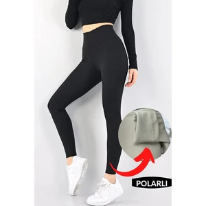 Kadın Kışlık Içi Polarlı Yüksek Bel Fitilli Tayt -Siyah
