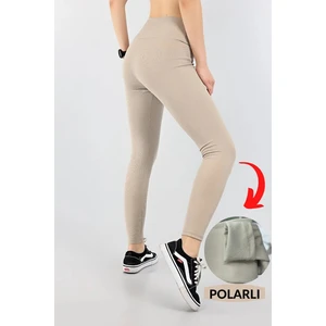 Kadın Kışlık Içi Polarlı Yüksek Bel Fitilli Tayt - Vizon