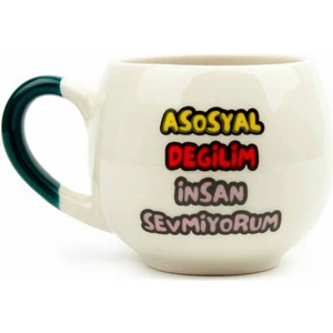 Asosyal Değilim Insan Sevmiyorum Krem Parlak Balon Kupa (Yeşil Kulp)
