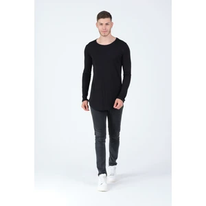 The One Siyah Pis Yaka Oval Kesim Uzun Kol %100 Pamuk Basic Slim T-Shirt