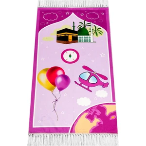İhvan Online Dijital Baskılı Çocuk Seccadesi - Balonlu  Kabeli Pembe Renk - 44 x 78 cm