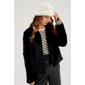 Yakasız Peluş Ceket - Siyah