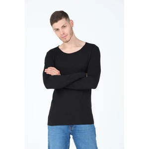 The One Siyah Kesik Yaka Uzun Kol %100 Pamuk Basic T-Shirt