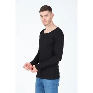 The One Siyah Kesik Yaka Uzun Kol %100 Pamuk Basic T-Shirt