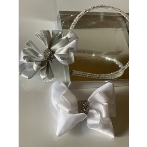 Queen Aksesuar Gri 2' Li  Şerit Taşlı  Anne Kız Çocuk Bebek Kombin Saten Hediye  Taç Toka Seti