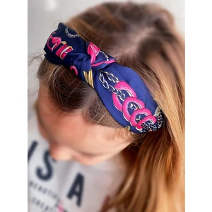 Queen Aksesuar Saten Düğümlü Geniş Eşarp Fular Zincir Desenli Taç Kadın Çocuk Tacı Lacivert