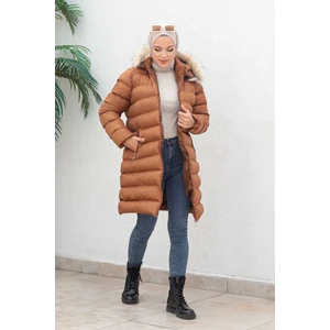 Camel Büyük Beden Kapüşonlu Tesettür Şişme Montt