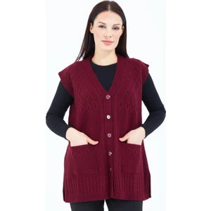 Elçelya Moda Kadın  Bordo V Yaka Düğmeli Cepli Yün Anne Triko Yelek