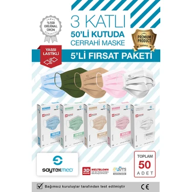 Saytekmed, Meltblown Filtreli 3 Katlı 5 Farklı Renk Cerrahi Maske (50 Adet/ 5