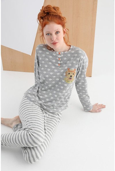 Sevim Pati Baskılı Uzun Kol Kadın Pijama Takım 13025