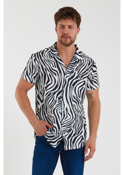 Erkek Kısa Kollu Pamuklu Desenli Slim Fit Apaş Yaka Gömlek 21Y-4300594-09 modelleri