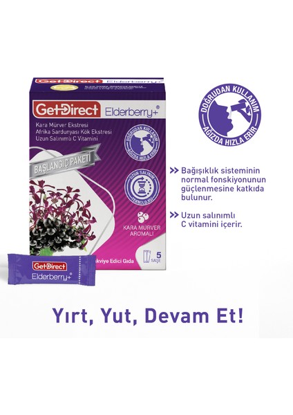 Elderberry+ Karamürver ve Afrika Sardunyası 5 Şase – Uzun Salınımlı C Vitamini, Susuz Kullanım