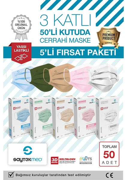 Saytekmed, Meltblown Filtreli 3 Katlı 5 Farklı Renk Cerrahi Maske (50 Adet/ 5 Kutu)