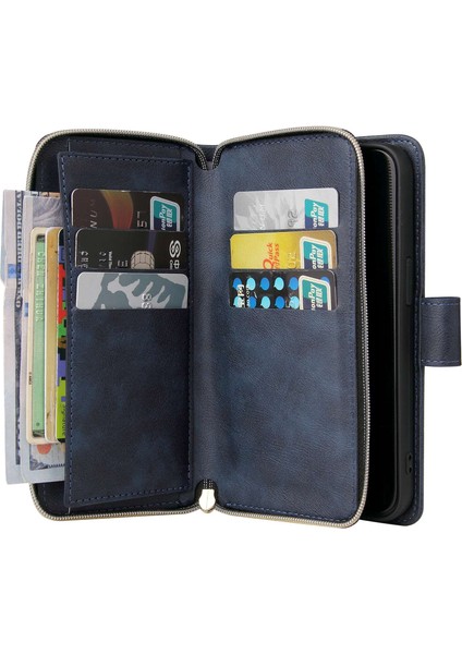 Apple iPhone 13 Pro Max İçin 6.7 İnç Flip Stand Cüzdan Telefon Kılıfı Pu Dergi Manyetik 9 Kart Tutucu Yuvaları Zipper Cep Kapağı Kayışlı (Yurt Dışından)