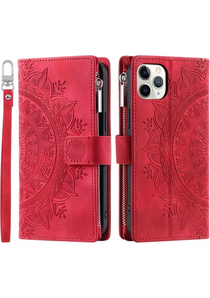 Apple iPhone 11 Pro Max 6.5 İnç İçin Şok Geçirmez Cep Telefonu Kapağı, Mandala Çiçek Baskılı Fermuar Cep Cüzdanı Stand Çok Kart Yuvası Pu Deri Telefon Kılıfı Kayışlı (Yurt Dışından)