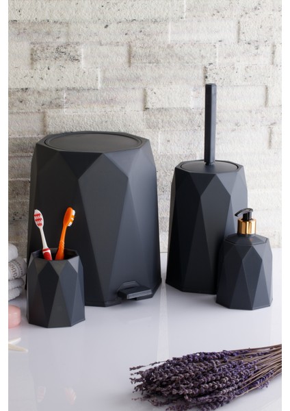 4'lü Banyo Seti Çöp Kovası Tuvalet Fırçası Sabunluk Diş Fırçalık 4 Parça