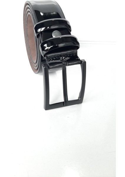 Siyah Parlak Rugan Pantolon Kemeri