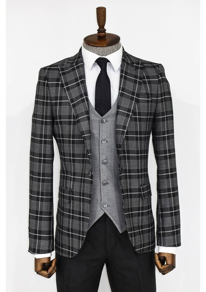 Ekose Ceketli Siyah Slim Fit Takım Elbise