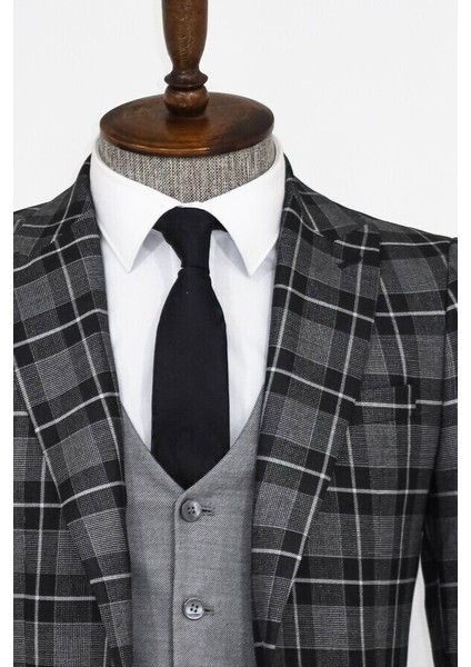 Ekose Ceketli Siyah Slim Fit Takım Elbise fiyatları