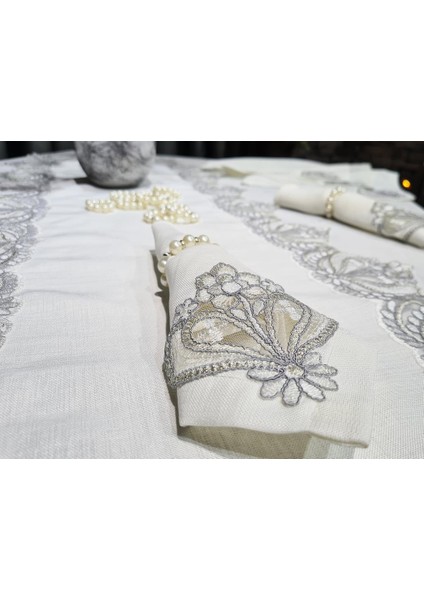 26 Parça Fransız Güpürlü Firuze Masa Örtüsü Takımı Krem - Silver modelleri