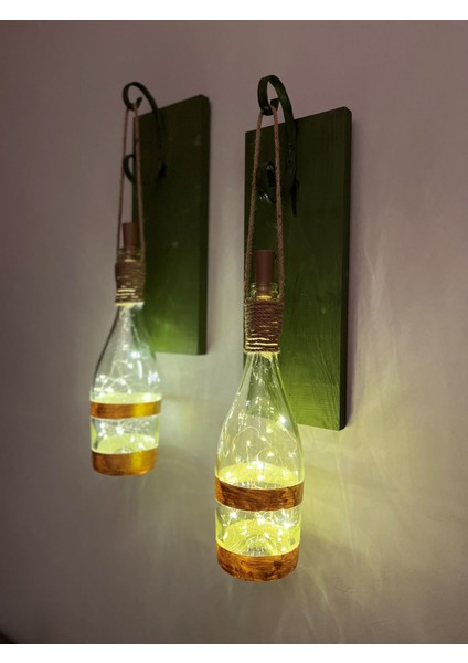 Tıpa Peri LED Işıklı Koyu Yeşil Ahşap Yaldızlı Cam Şampanya Şişesi Duvar Aplik 2'li Set