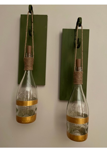 Tıpa Peri LED Işıklı Koyu Yeşil Ahşap Yaldızlı Cam Şampanya Şişesi Duvar Aplik 2'li Set