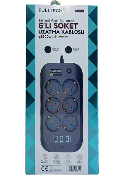 Termal Akım Korumalı, Çocuk Korumalı, 6'Lı 2 Mt Uzatma Kablosu 6 X Priz, 3 X Usb