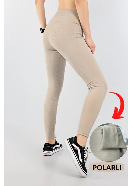 Kadın Kışlık Içi Polarlı Yüksek Bel Fitilli Tayt - Vizon