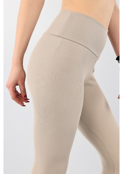 Kadın Kışlık Içi Polarlı Yüksek Bel Fitilli Tayt - Vizon modelleri