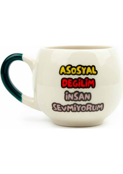 Asosyal Değilim Insan Sevmiyorum Krem Parlak Balon Kupa (Yeşil Kulp)