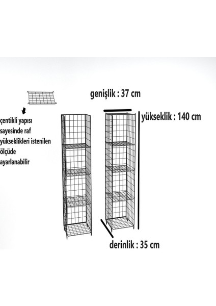 5 Raflı Metal Tel Kitaplık Çok Amaçlı Kurulum Gerektirmeyen Dolap