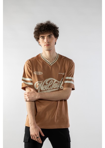 Erkek Yazı Baskılı Oversize Ribana Yaka Kısa Kollu T-Shirt