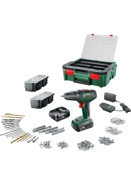 Universaldrill 18V Akülü Matkap 1,5AH, Çiftakü Sbx + 241 Aksesuar Seti Bosch Yeşil Sırt Çantası