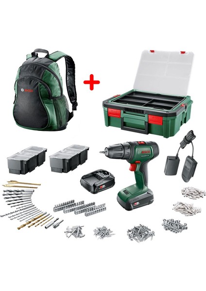 Universaldrill 18V Akülü Matkap 1,5AH, Çiftakü Sbx + 241 Aksesuar Seti Bosch Yeşil Sırt Çantası