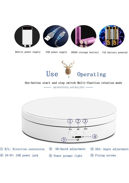 13.8 cm. USB Şarjı Akıllı 360 Derece Dönen Turnot Ekran Stand Video Çekimler Fotoğraf Için Piker Pikiş, Yük 3 kg. - Beyaz (Yurt Dışından) fiyatları