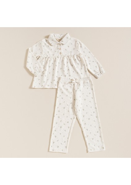 Pijama Set Baskılı Ekru