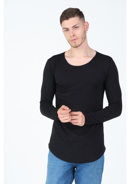 Erkek Kesik Yaka Oval Kesim Slimfit Uzun Kol Pamuk Basic T-Shirt