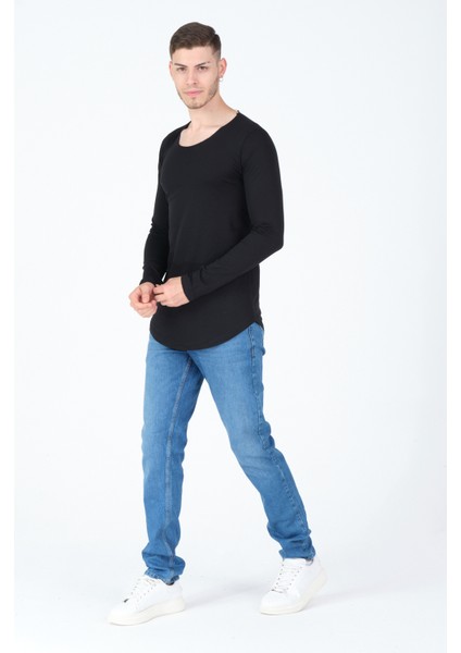 Erkek Kesik Yaka Oval Kesim Slimfit Uzun Kol Pamuk Basic T-Shirt modelleri