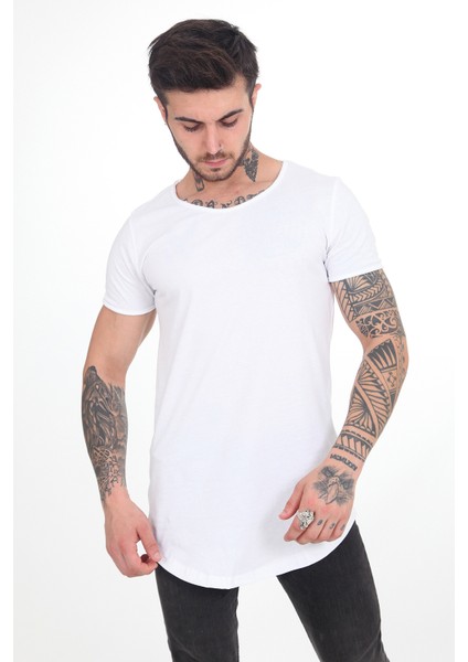 The One Beyaz Pis Yaka Oval Kesim Slim Fit %100 Pamuklu Kısa Kol Basic T-Shirt