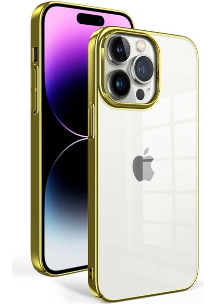 iPhone 14 Pro ile Uyumlu Şeffaf Pürüzsüz Renkli Kenar Kılıf Special Sun Kapak Gold