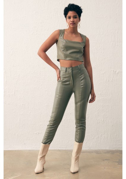 Kare Yaka Deri Crop Bluz - Çağla Yeşili indirimleri