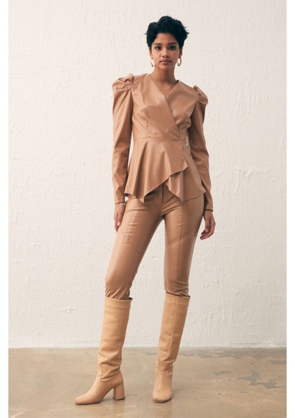 Kruvaze Deri Bluz - Camel modelleri